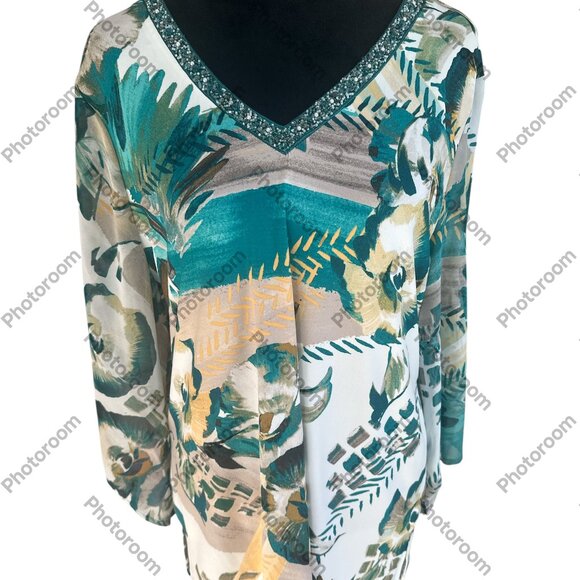 JM Collection Large Teal Floral Beaded VNeck 3/4 Sheer Sleeve Blouse - Picture 1 of 7